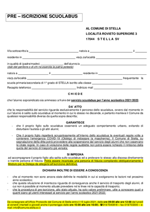 PRE-ISCRIZIONE AL SERVIZIO DI TRASPORTO SCOLASTICO - ANNO SCOLASTICO 2021/2022