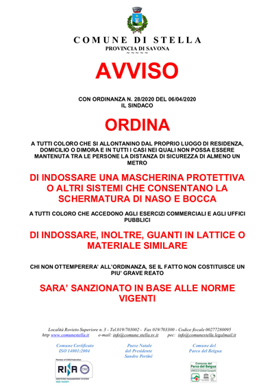 AVVISO - OBBLIGO MASCHERINA/GUANTI PROTETTIVI - ORDINANZA SINDACALE N. 28/2020