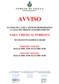 AVVISO: CHIUSURA AL PUBBLICO UFFICIO DEMOGRAFICO MART. 16/02/2021 H. 15.00-16.00 E GIOV. 18/02/2021 H. 15.00-16.00