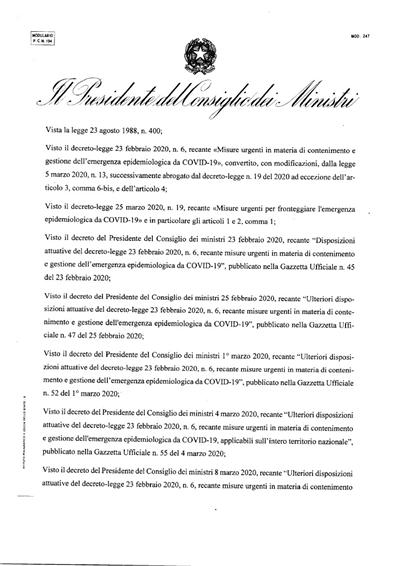 DECRETO PRESIDENZA DEL CONSIGLIO DEI MINISTRI DEL 01/04/2020 - MISURE IN MERITO AL VIRUS COVID-19 - PROROGA FINO AL 13/04/2020