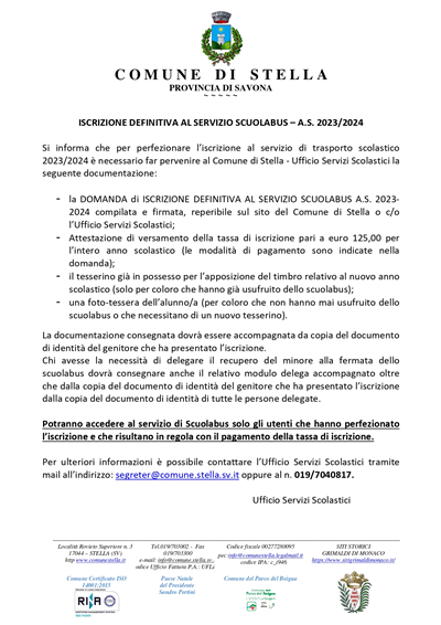 DOMANDA ISCRIZIONE DEFINITIVA AL SERVIZIO SCUOLABUS A.S. 2023-2024