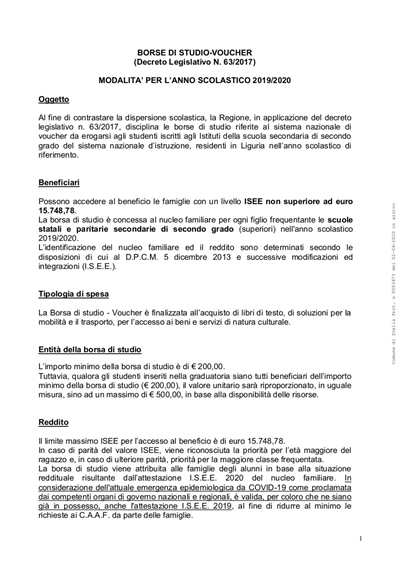 MODALITA' OPERATIVE PER L'ATTRIBUZIONE DELLE BORSE DI STUDIO-VOUCHER PER L'ANNO SCOLASTICO 2019/2020 PREVISTE DAL D.LGS. N. 63/2017