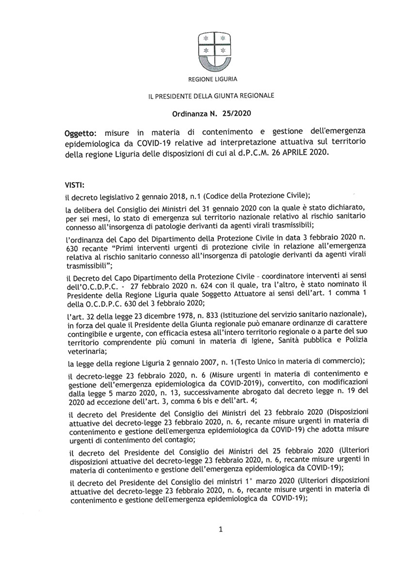NUOVA ORDINANZA DEL PRESIDENTE DELLA REGIONE LIGURIA - MISURE IN MATERIA DI CONTENIMENTO E GESTIONE DELL'EMERGENZA EPIDEMIOLOGICA DA COVID-19 - ORDINANZA 25/2020 DEL 03/05/2020